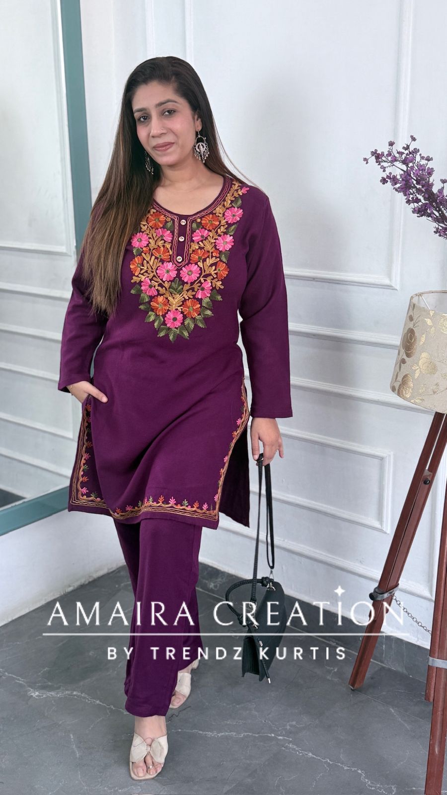 Premium Pashmina Woolen Wine Colour Beautiful Kashmiri Work Cord Set