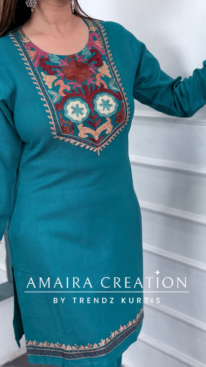 Premium Pashmina Firozi Colour Kashmiri Work Cord Set