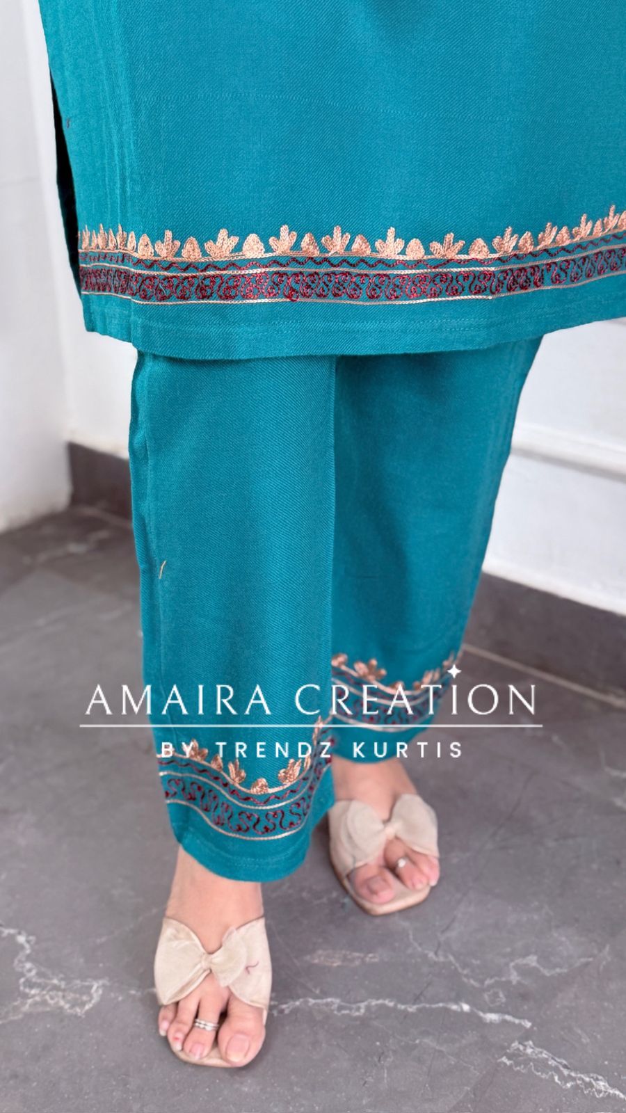 Premium Pashmina Firozi Colour Kashmiri Work Cord Set