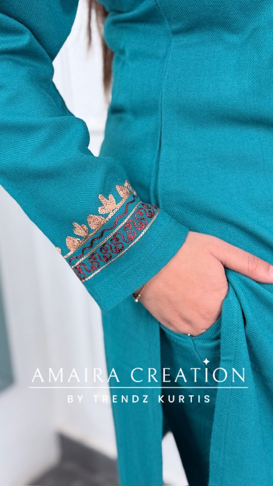 Premium Pashmina Firozi Colour Kashmiri Work Cord Set