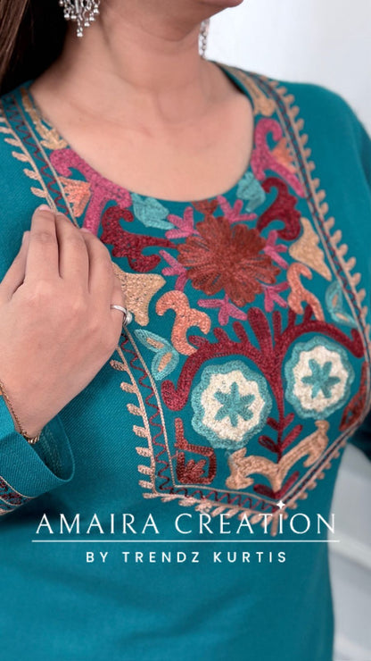 Premium Pashmina Firozi Colour Kashmiri Work Cord Set