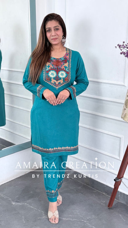 Premium Pashmina Firozi Colour Kashmiri Work Cord Set