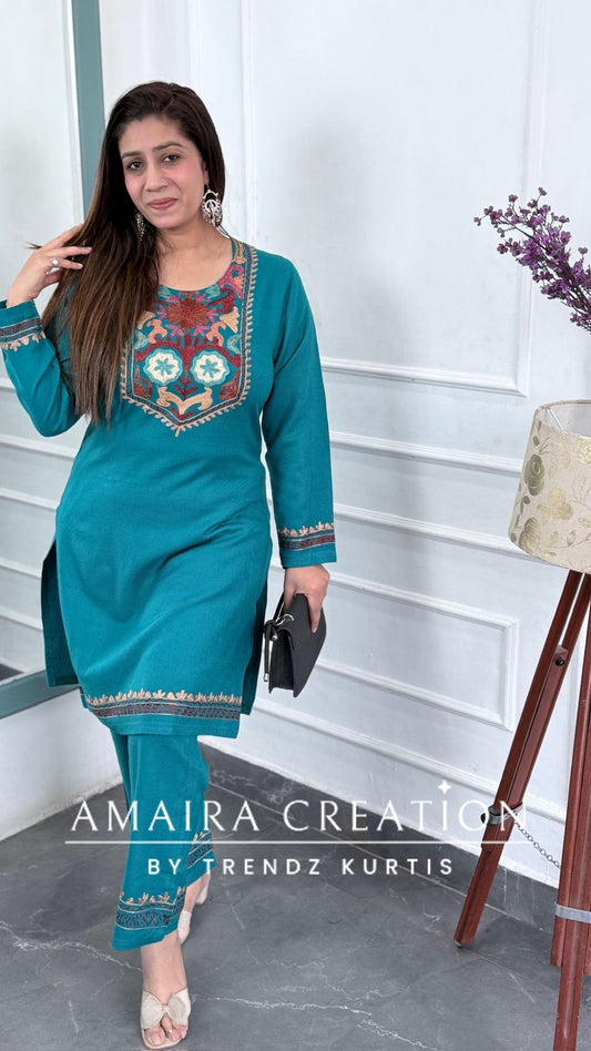 Premium Pashmina Firozi Colour Kashmiri Work Cord Set