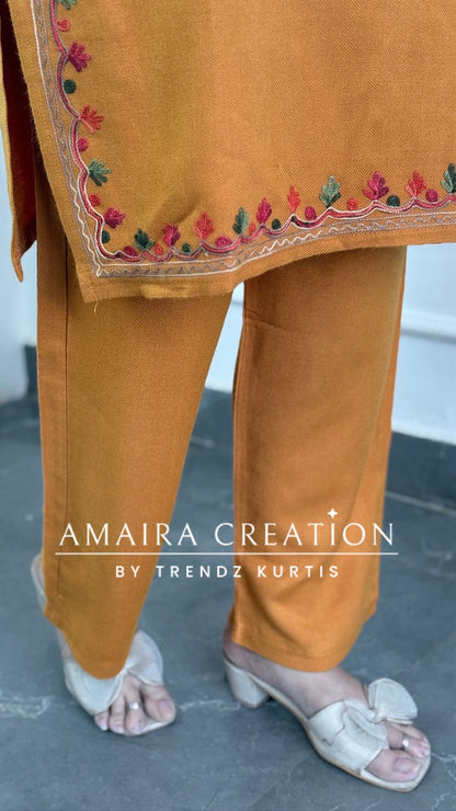 Premium Pashmina Mustard Colour Kashmiri Work Cord Set
