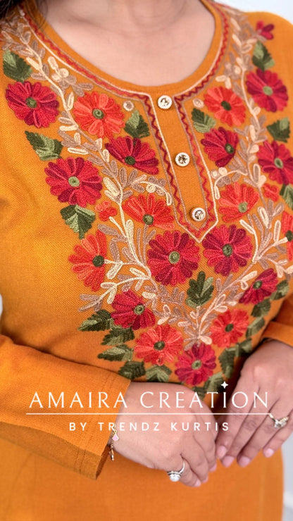 Premium Pashmina Mustard Colour Kashmiri Work Cord Set