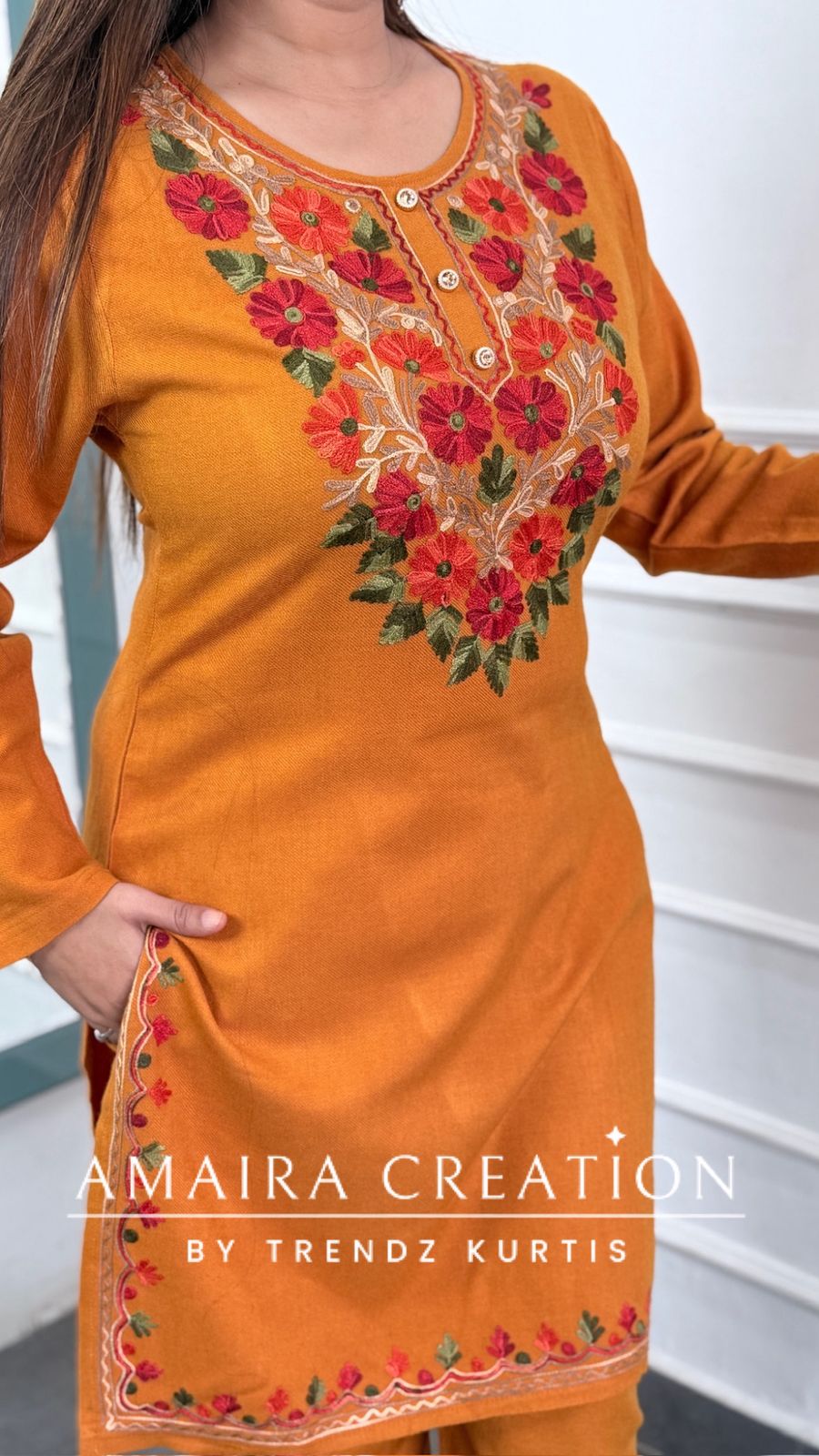 Premium Pashmina Mustard Colour Kashmiri Work Cord Set