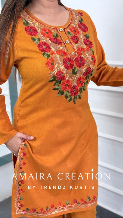 Premium Pashmina Mustard Colour Kashmiri Work Cord Set