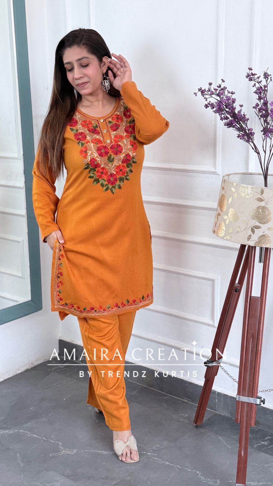 Premium Pashmina Mustard Colour Kashmiri Work Cord Set