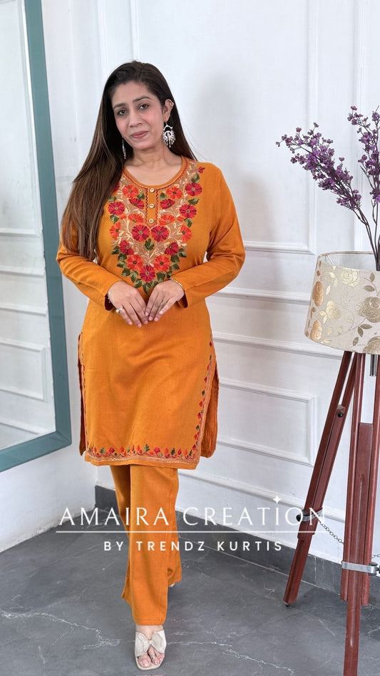 Premium Pashmina Mustard Colour Kashmiri Work Cord Set