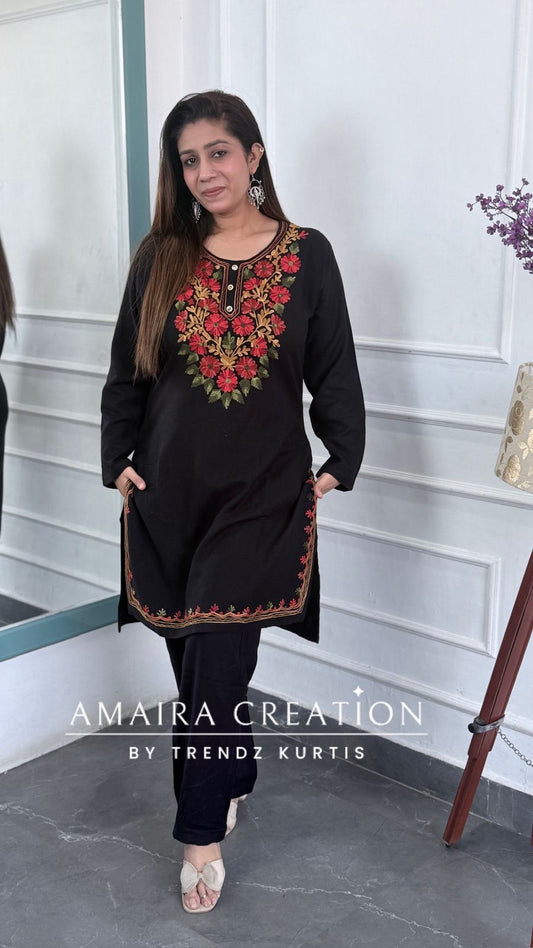 Premium Pashmina Black Color Kashmiri Work Cord Set