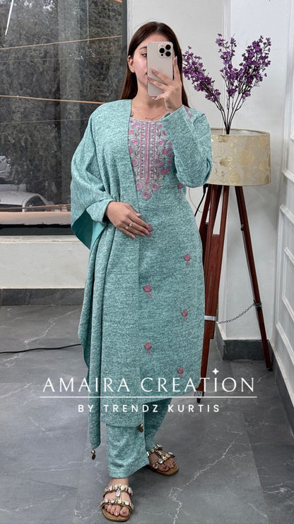 Premium Kasturi Wool Sea Green Embroidered Suit Set