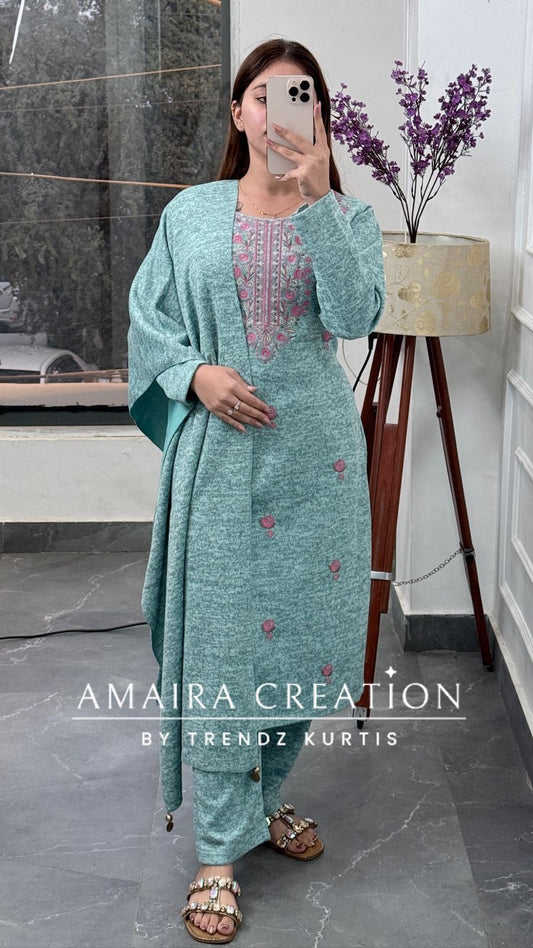Premium Kasturi Wool Sea Green Embroidered Suit Set