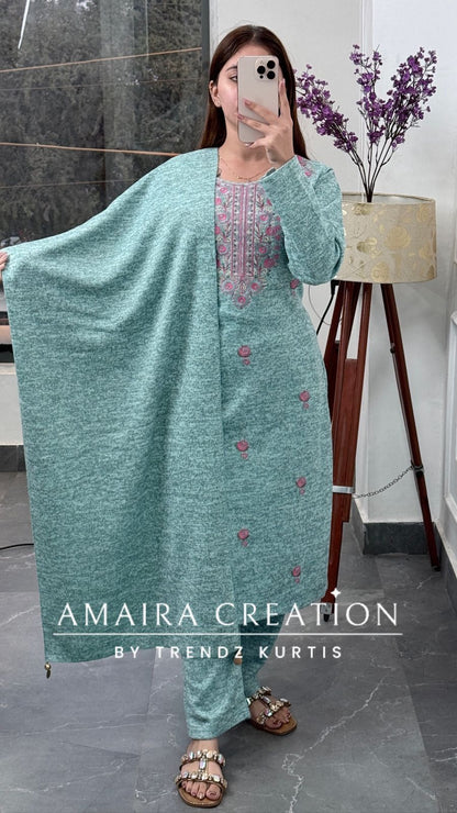Premium Kasturi Wool Sea Green Embroidered Suit Set