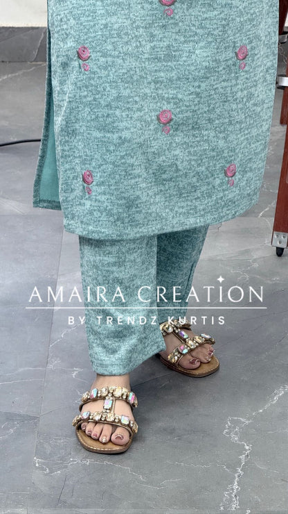 Premium Kasturi Wool Sea Green Embroidered Suit Set