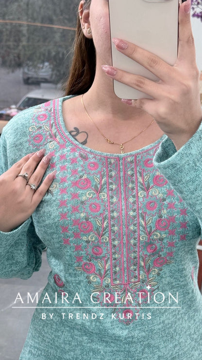 Premium Kasturi Wool Sea Green Embroidered Suit Set