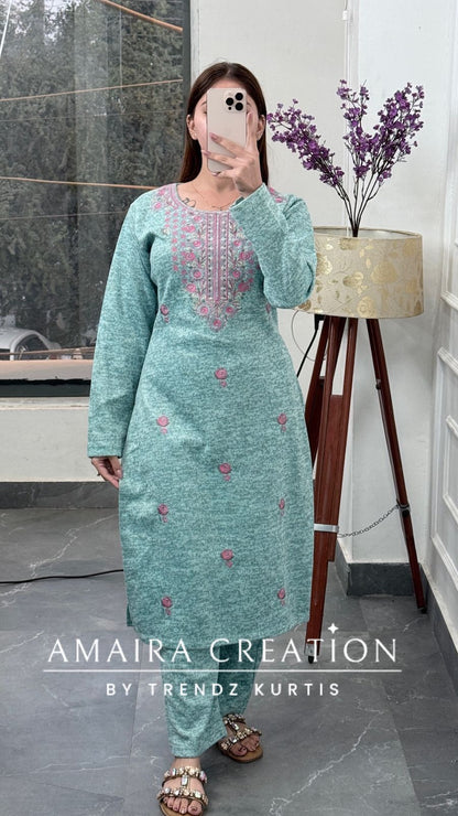 Premium Kasturi Wool Sea Green Embroidered Suit Set