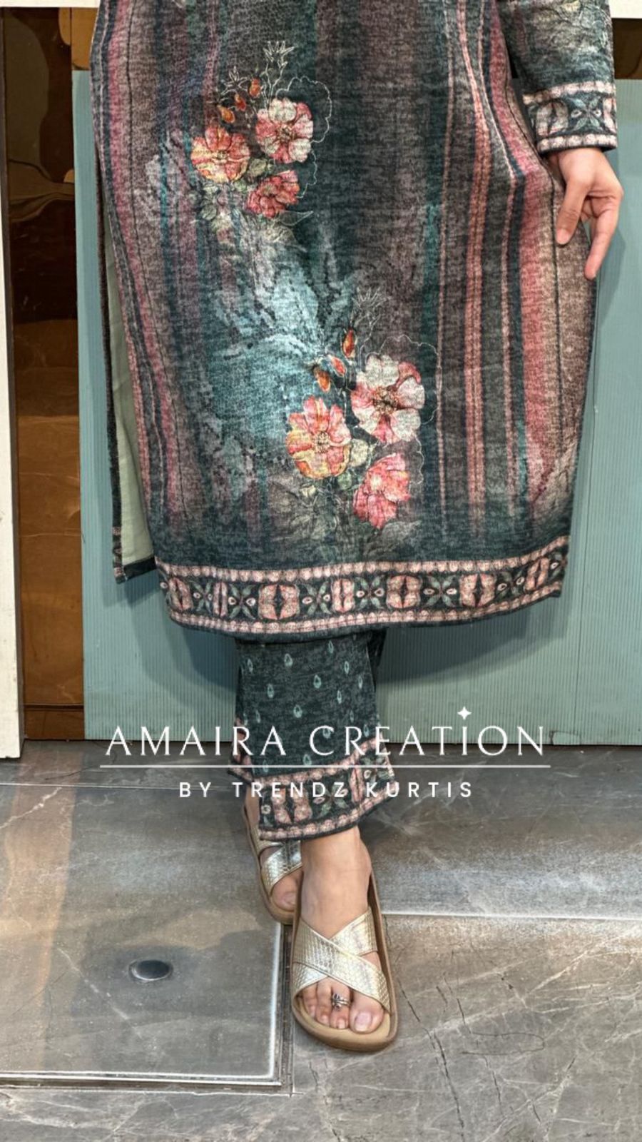 Premium Karachi Wool Green Colour Floral Print Set