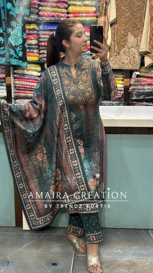 Premium Karachi Wool Green Colour Floral Print Set