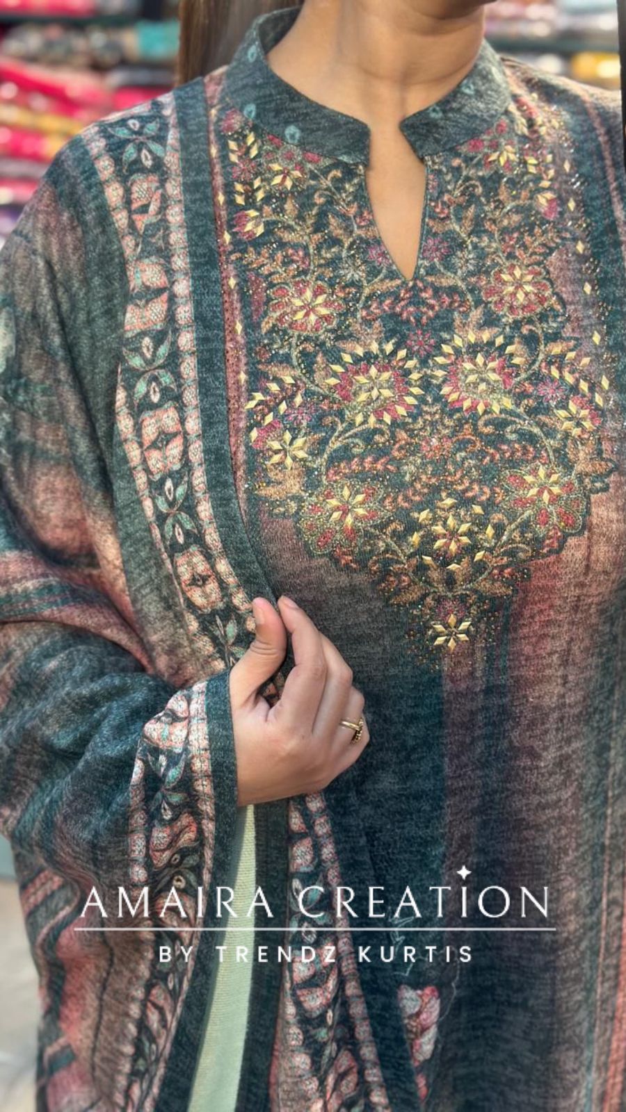 Premium Karachi Wool Green Colour Floral Print Set