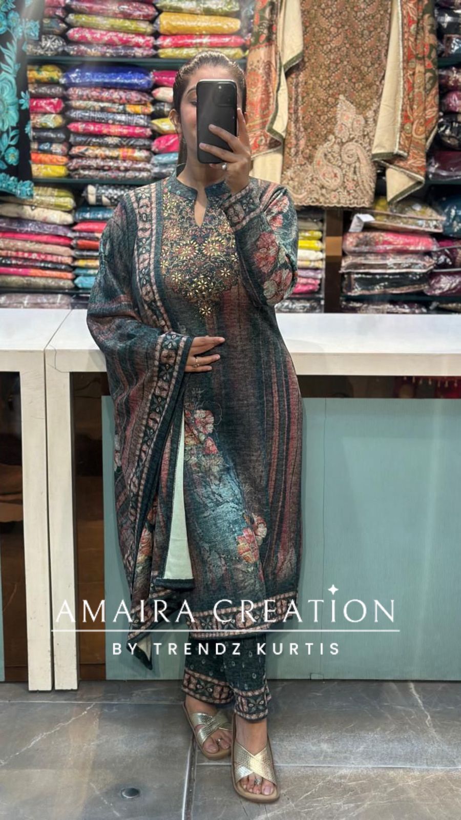 Premium Karachi Wool Green Colour Floral Print Set