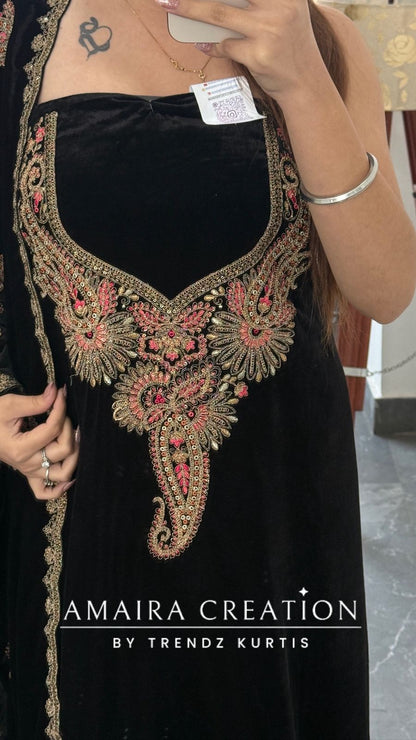 Premium Velvet Black Colour With Zari,Sequence and Thread Embroidery Unstitched Suits