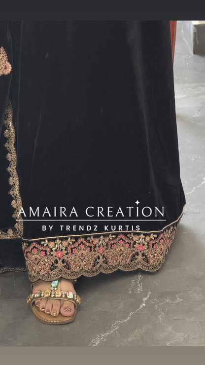 Premium Velvet Black Colour With Zari,Sequence and Thread Embroidery Unstitched Suits