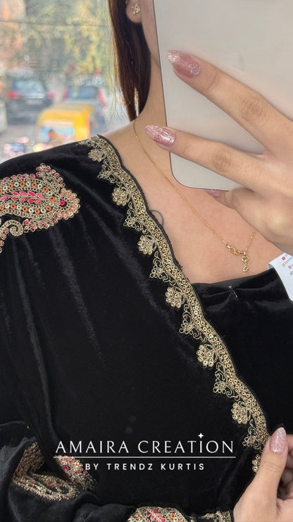 Premium Velvet Black Colour With Zari,Sequence and Thread Embroidery Unstitched Suits