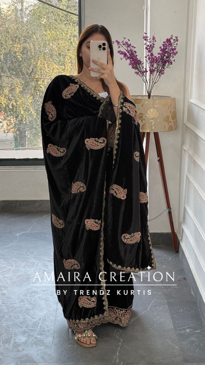 Premium Velvet Black Colour With Zari,Sequence and Thread Embroidery Unstitched Suits