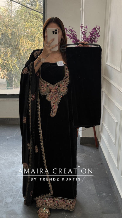 Premium Velvet Black Colour With Zari,Sequence and Thread Embroidery Unstitched Suits