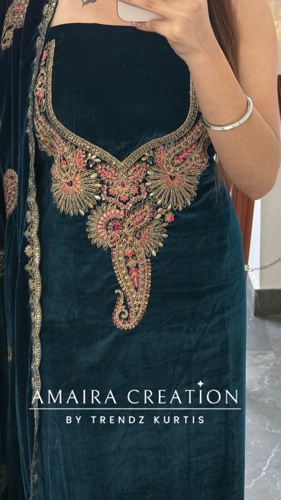 Premium Velvet Peacock Blue Colour With Zari,Sequence and Thread Embroidery Unstitched