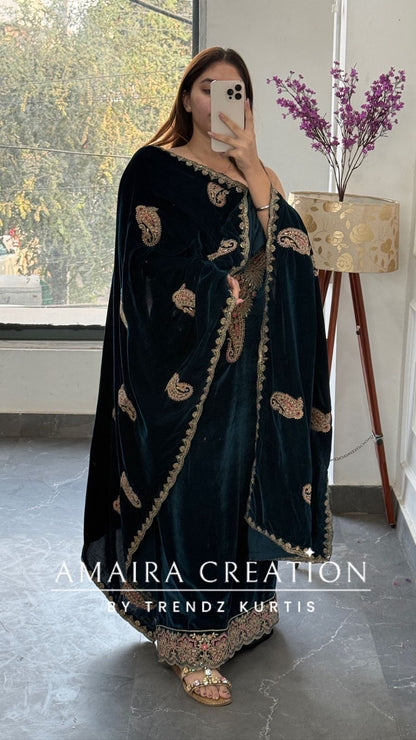 Premium Velvet Peacock Blue Colour With Zari,Sequence and Thread Embroidery Unstitched