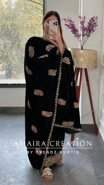 Premium Velvet Green  Colour With Zari,Sequence and Thread Embroidery Unstitched