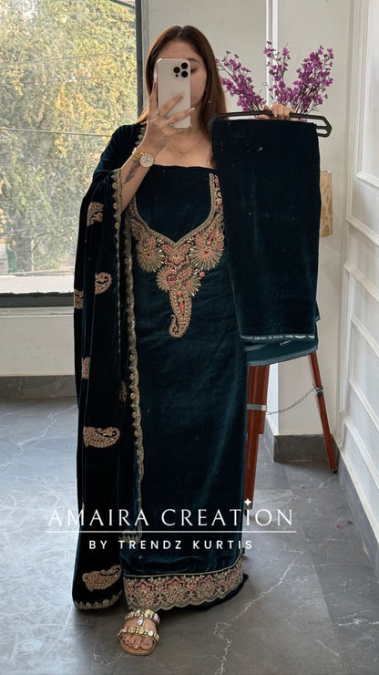 Premium Velvet Peacock Blue Colour With Zari,Sequence and Thread Embroidery Unstitched