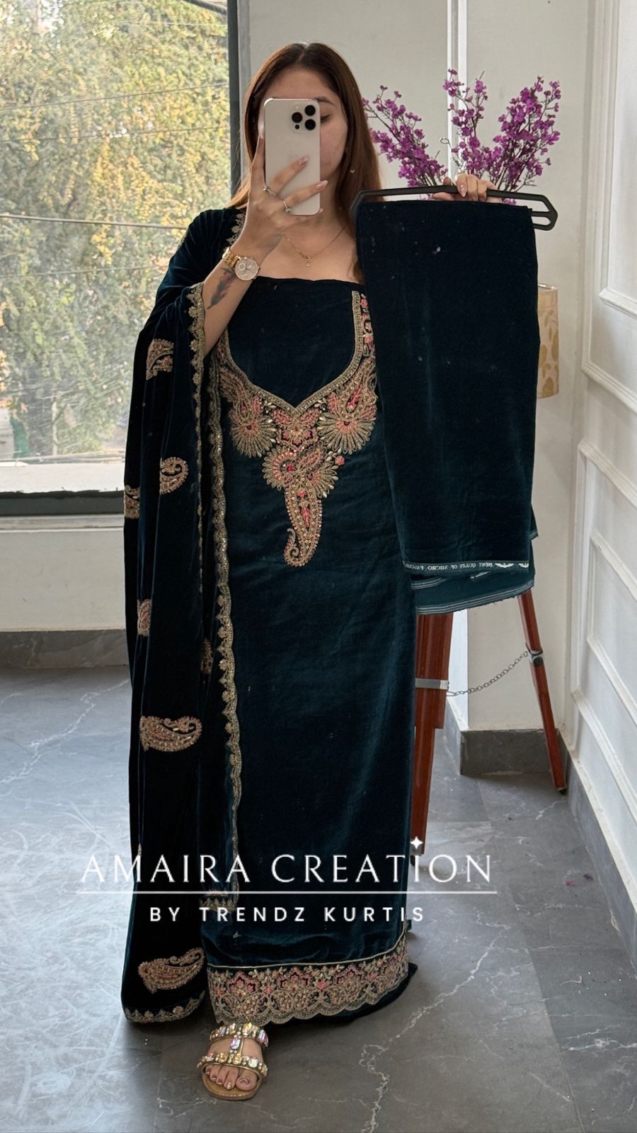 Premium Velvet Green  Colour With Zari,Sequence and Thread Embroidery Unstitched