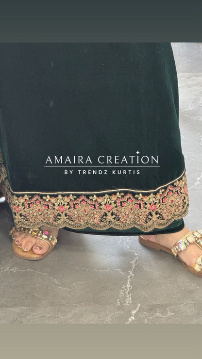 Premium Velvet Green  Colour With Zari,Sequence and Thread Embroidery Unstitched
