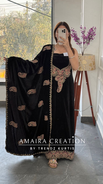 Premium Velvet Green  Colour With Zari,Sequence and Thread Embroidery Unstitched