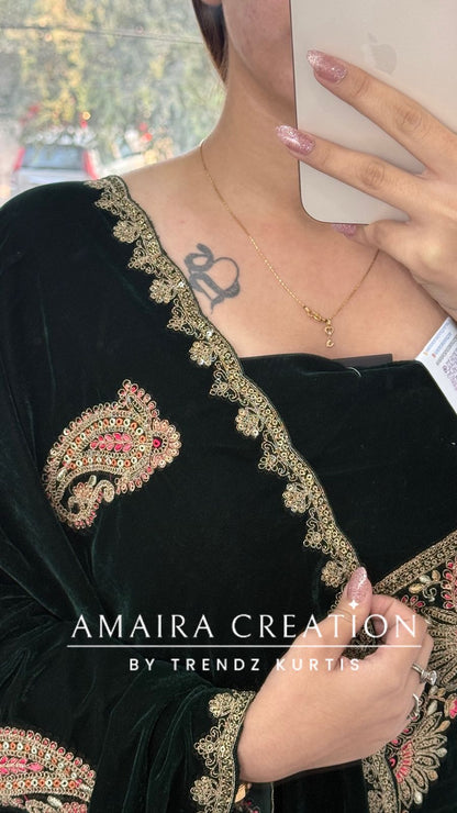 Premium Velvet Green  Colour With Zari,Sequence and Thread Embroidery Unstitched