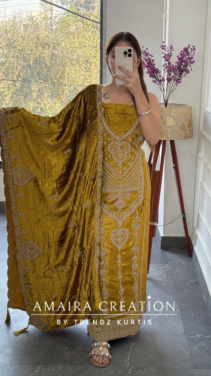 Premium Micro Velvet Mustard Unstitched Suit With Brocade Bottom