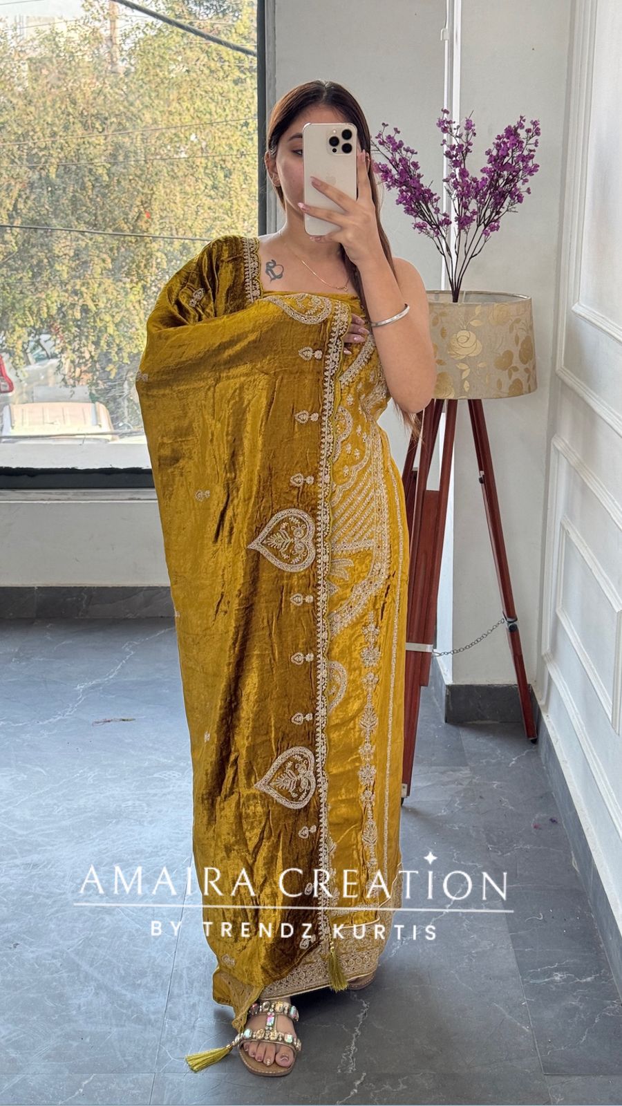 Premium Micro Velvet Mustard Unstitched Suit With Brocade Bottom