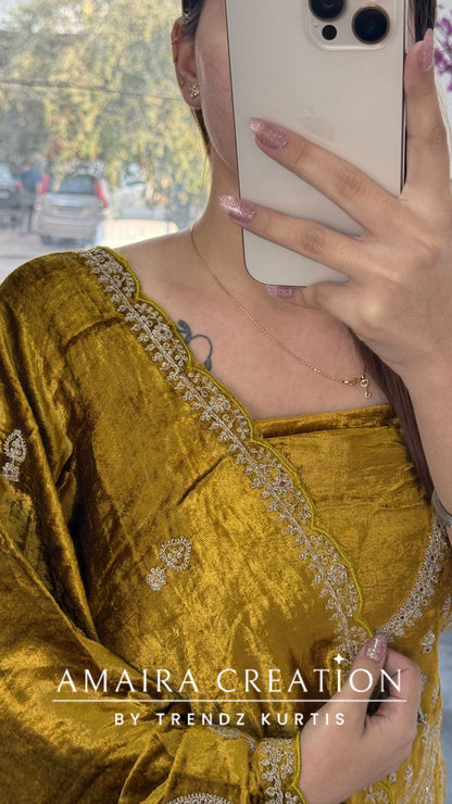 Premium Micro Velvet Mustard Unstitched Suit With Brocade Bottom