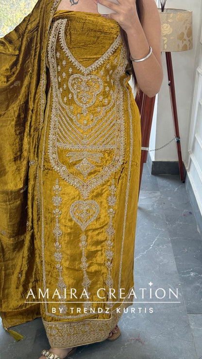 Premium Micro Velvet Mustard Unstitched Suit With Brocade Bottom