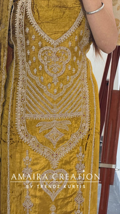 Premium Micro Velvet Mustard Unstitched Suit With Brocade Bottom