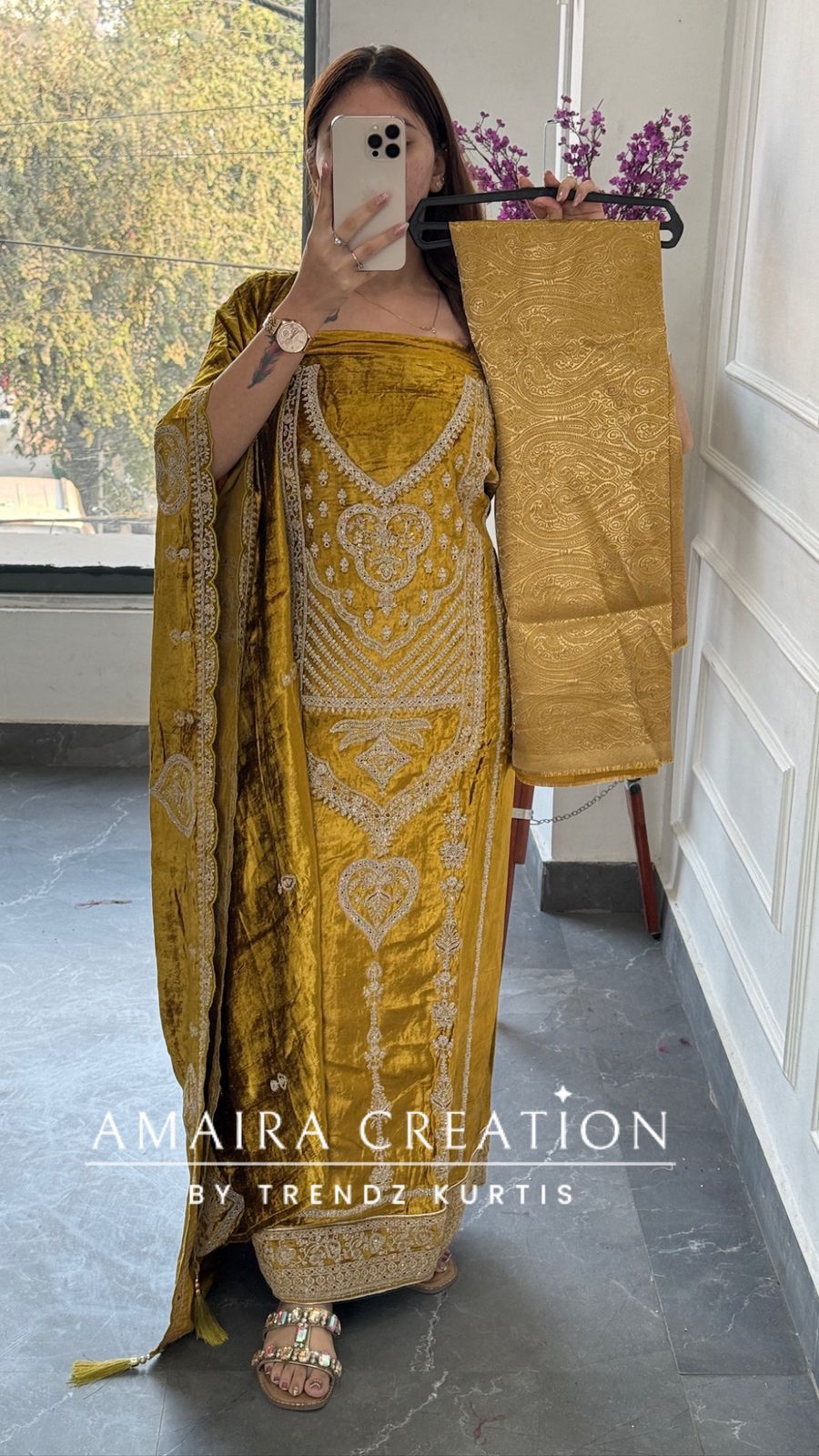 Premium Micro Velvet Mustard Unstitched Suit With Brocade Bottom