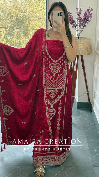 Premium Micro Velvet Magenta Unstitched Suit With Brocade Bottom