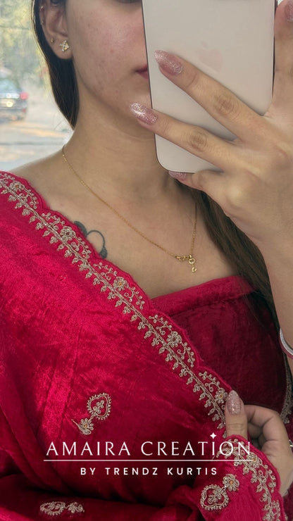 Premium Micro Velvet Magenta Unstitched Suit With Brocade Bottom