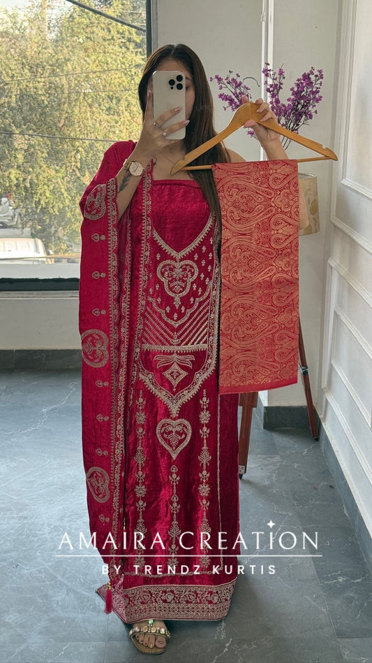 Premium Micro Velvet Magenta Unstitched Suit With Brocade Bottom