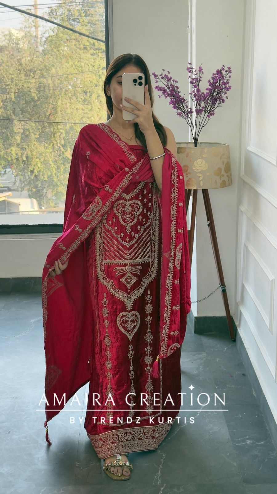 Premium Micro Velvet Magenta Unstitched Suit With Brocade Bottom