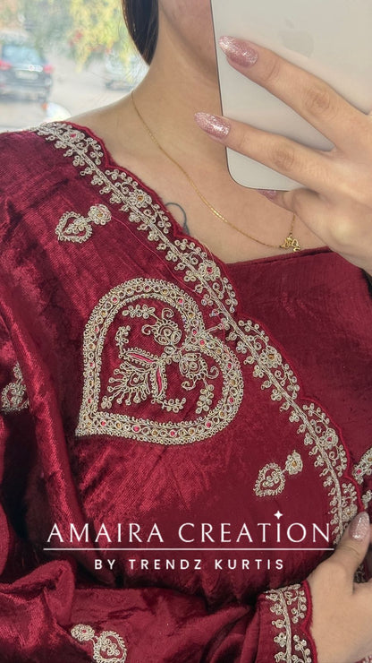 Premium Micro Velvet Magenta Unstitched Suit With Brocade Bottom