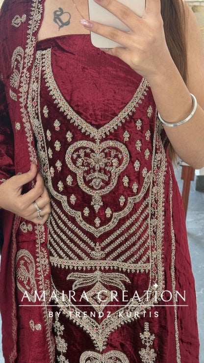 Premium Micro Velvet Marron Unstitched Suit With Brocade Bottom