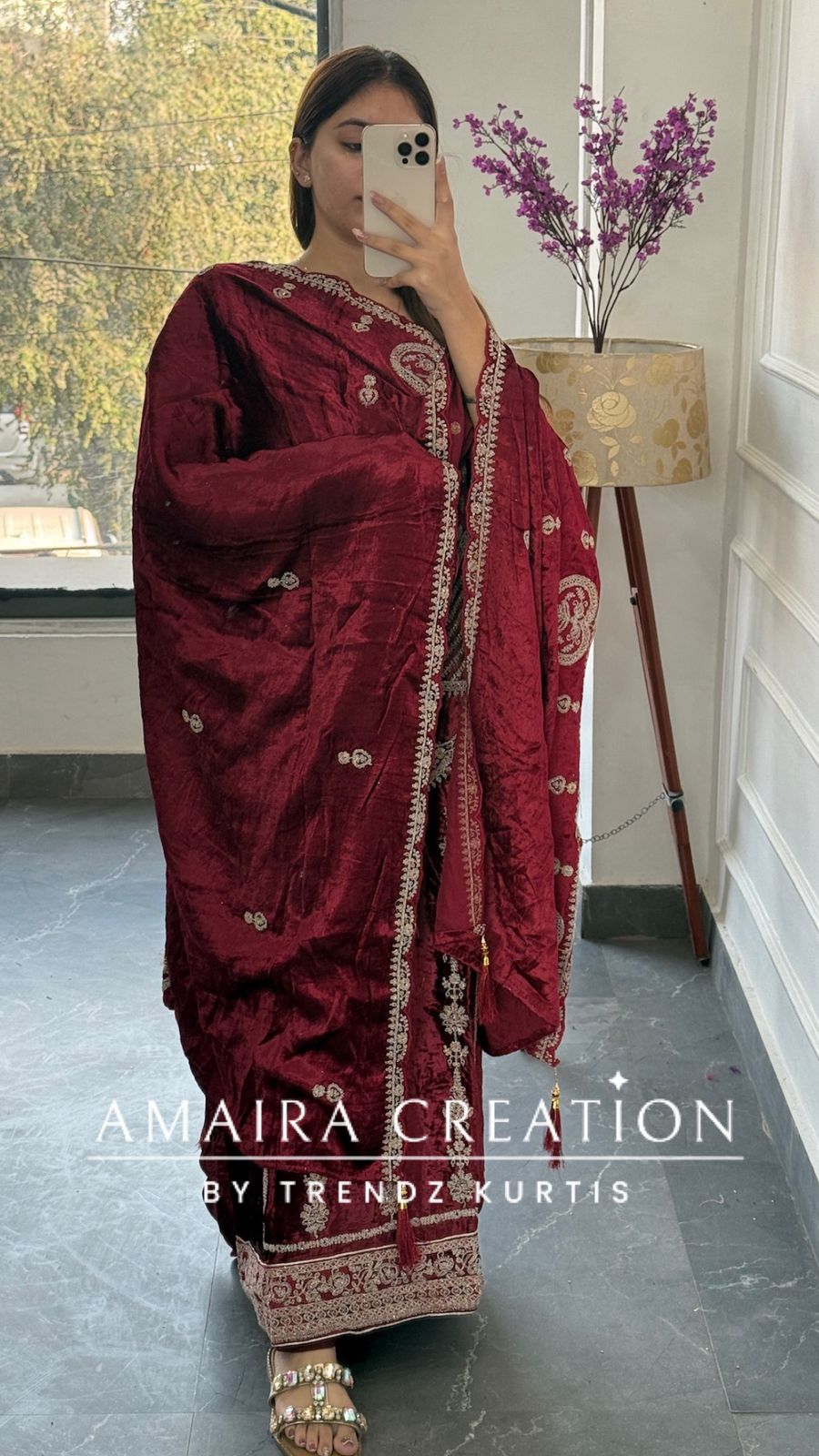 Premium Micro Velvet Marron Unstitched Suit With Brocade Bottom